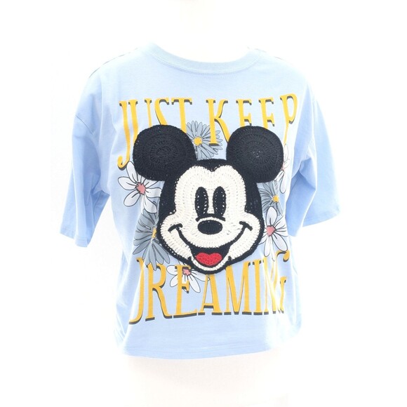 Disney Tops - Disney Crochet Mickey Mouse "Keep On Dreaming" Blue Cropped T-Shirt Size S/M